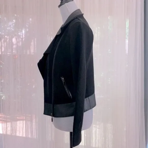 MY TRIBE wool blend Moto knit jacket leather trim full zip front zip pockets - Picture 3 of 11